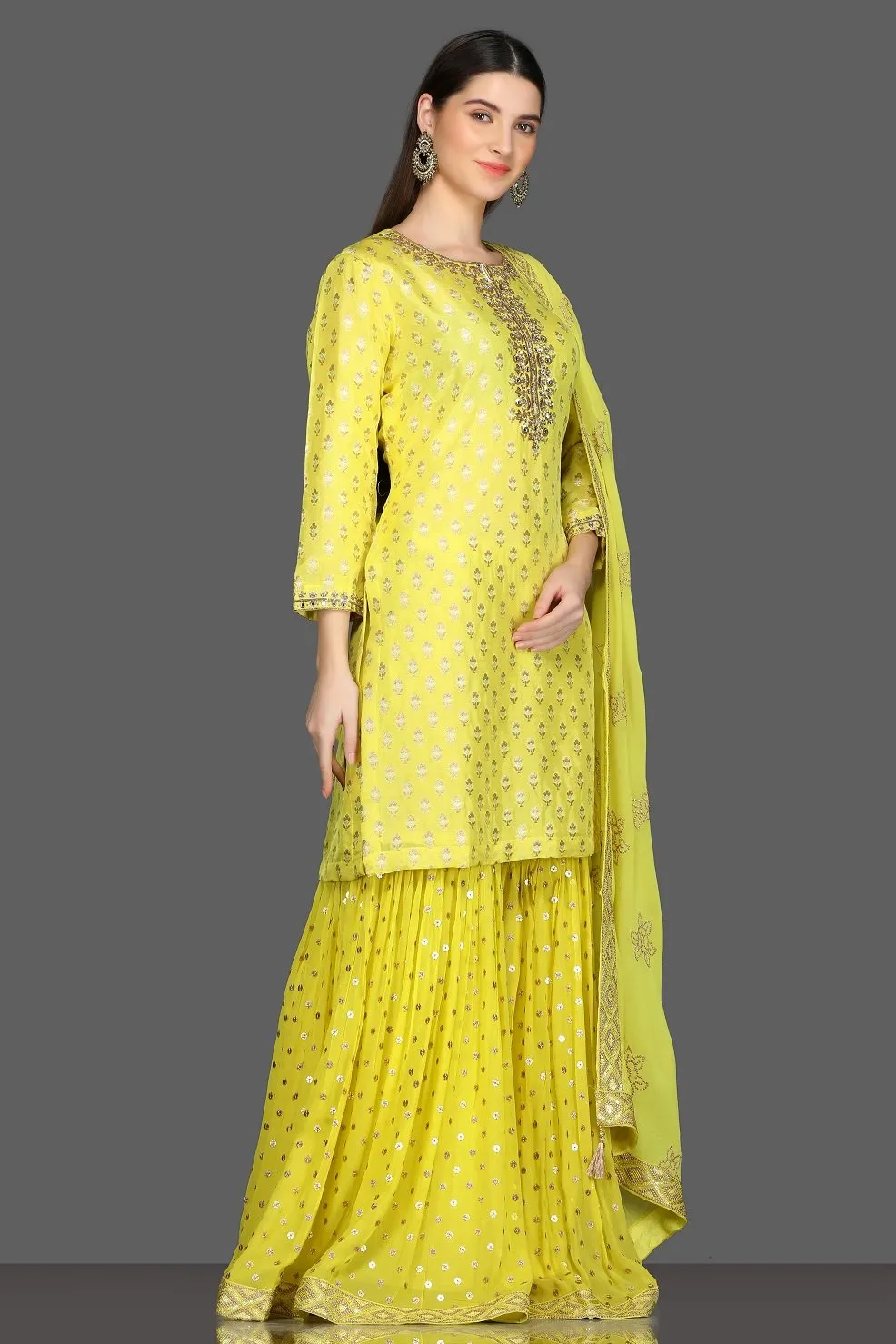 502586 Lemon Yellow Embroidered Sharara Suit with Dupatta