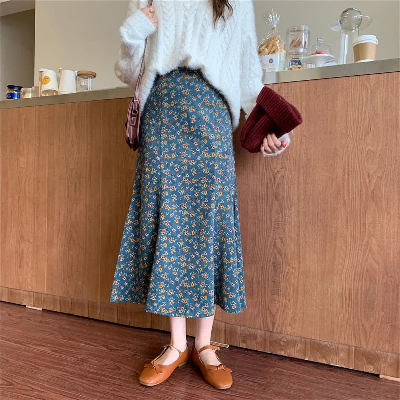 All Match Skirt Trumpet Mermaid Sweet Corduroy Autumn Floral Printing High Waist Chic Long Mid-Calf Retro