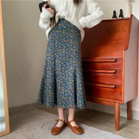 All Match Skirt Trumpet Mermaid Sweet Corduroy Autumn Floral Printing High Waist Chic Long Mid-Calf Retro
