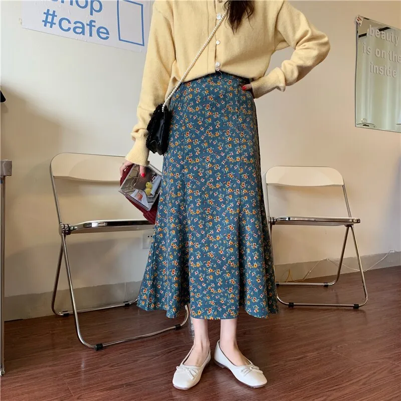 All Match Skirt Trumpet Mermaid Sweet Corduroy Autumn Floral Printing High Waist Chic Long Mid-Calf Retro