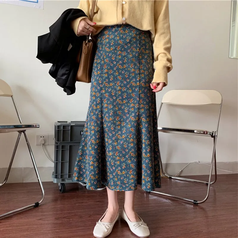 All Match Skirt Trumpet Mermaid Sweet Corduroy Autumn Floral Printing High Waist Chic Long Mid-Calf Retro
