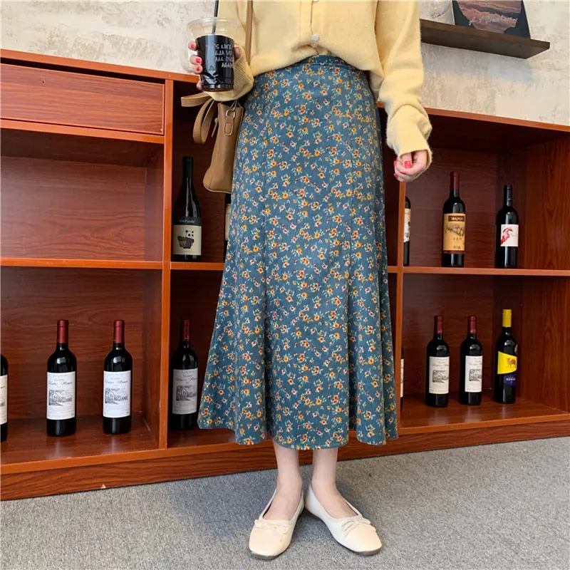 All Match Skirt Trumpet Mermaid Sweet Corduroy Autumn Floral Printing High Waist Chic Long Mid-Calf Retro