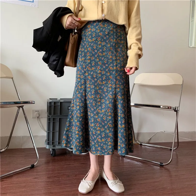 All Match Skirt Trumpet Mermaid Sweet Corduroy Autumn Floral Printing High Waist Chic Long Mid-Calf Retro
