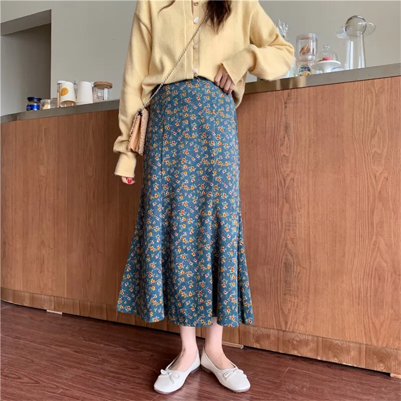 All Match Skirt Trumpet Mermaid Sweet Corduroy Autumn Floral Printing High Waist Chic Long Mid-Calf Retro
