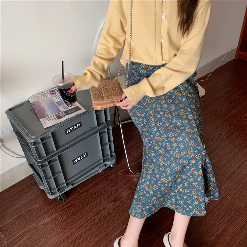 All Match Skirt Trumpet Mermaid Sweet Corduroy Autumn Floral Printing High Waist Chic Long Mid-Calf Retro