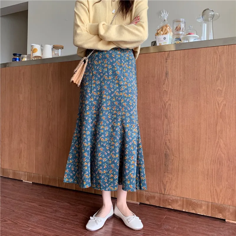 All Match Skirt Trumpet Mermaid Sweet Corduroy Autumn Floral Printing High Waist Chic Long Mid-Calf Retro