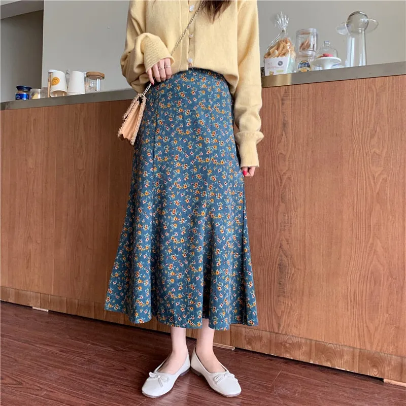 All Match Skirt Trumpet Mermaid Sweet Corduroy Autumn Floral Printing High Waist Chic Long Mid-Calf Retro