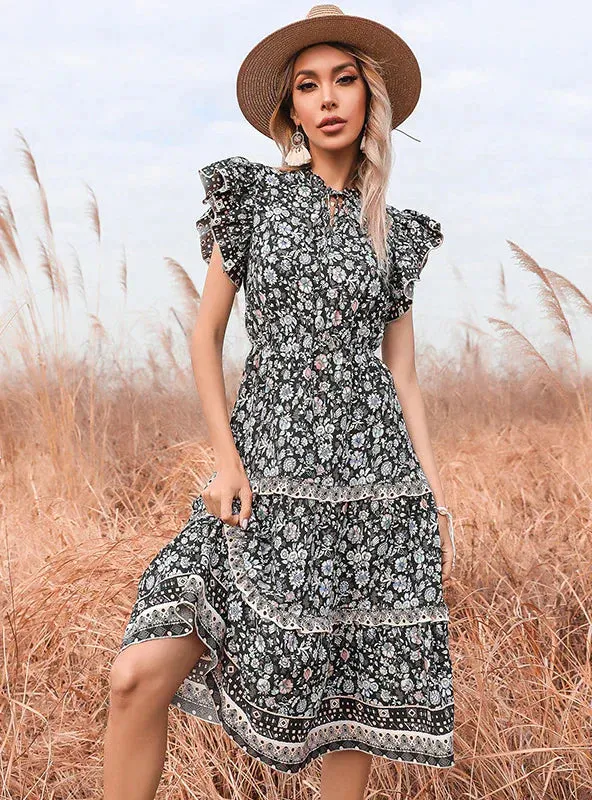 BerryBetty - Black Floral National Wind Dress
