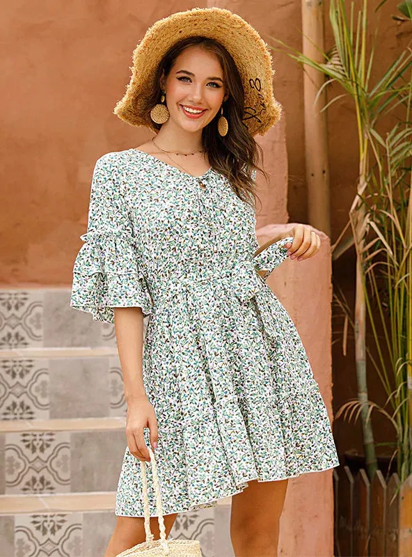 BerryBetty - Broken Trumpet Middle Sleeve Ruffled Dress