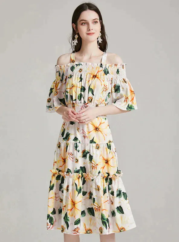 BerryBetty - Camellia Sling Elastic Waist Print Dress