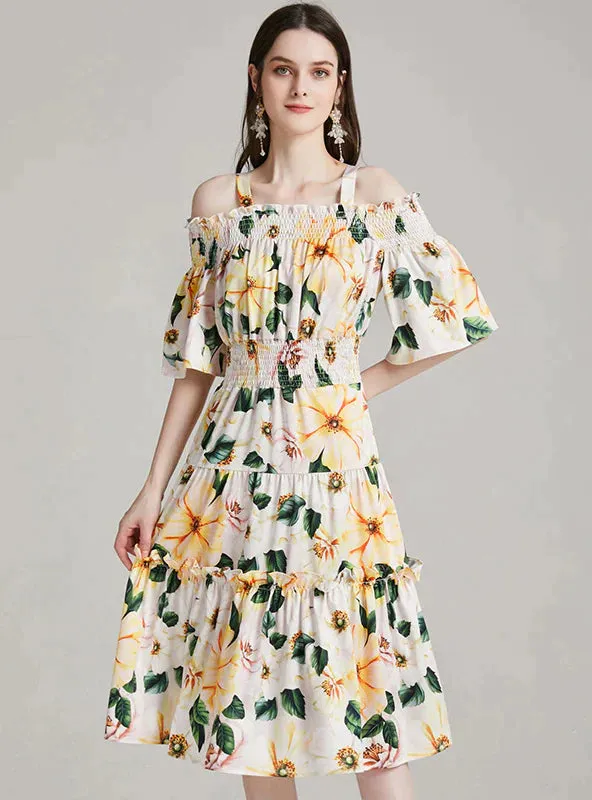 BerryBetty - Camellia Sling Elastic Waist Print Dress