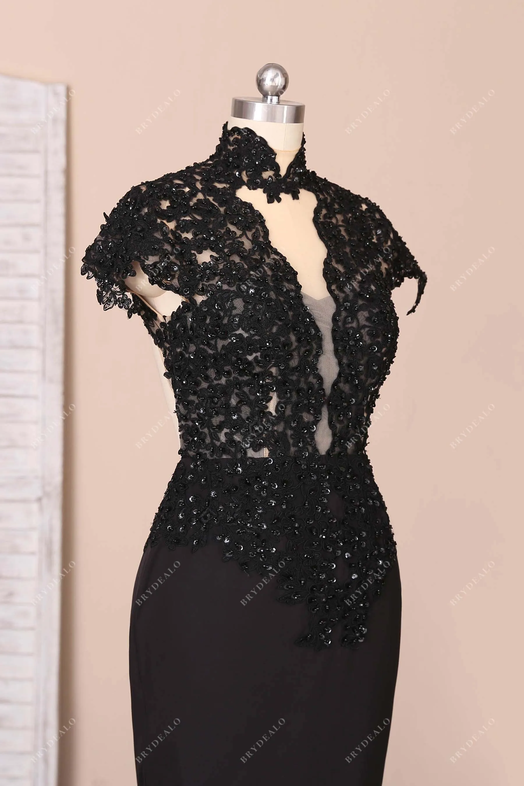 Black Beaded Lace Cap Sleeve 3D Rosette Unique Prom Dress
