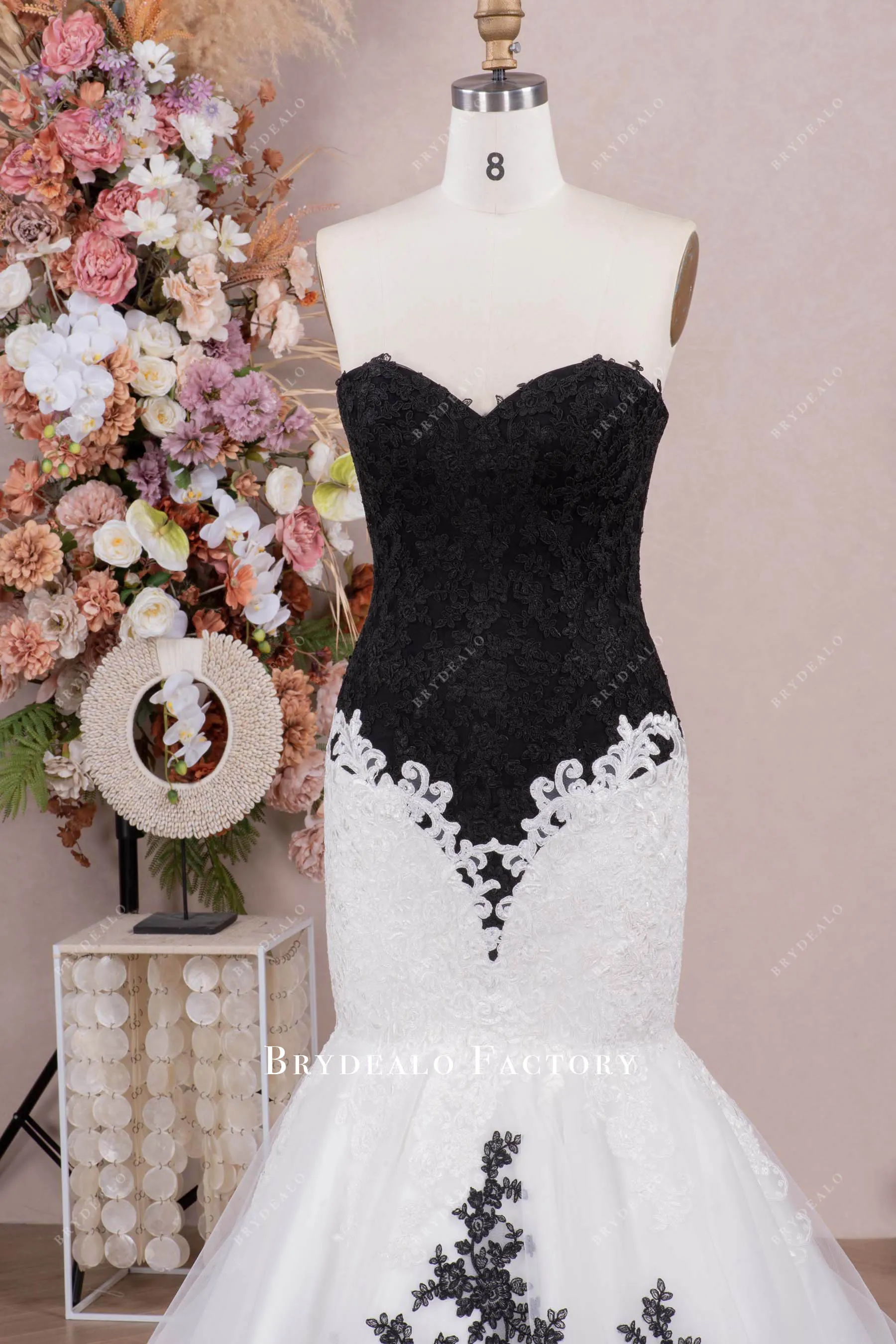 Black White Strapless Lace Mermaid Wedding Dress