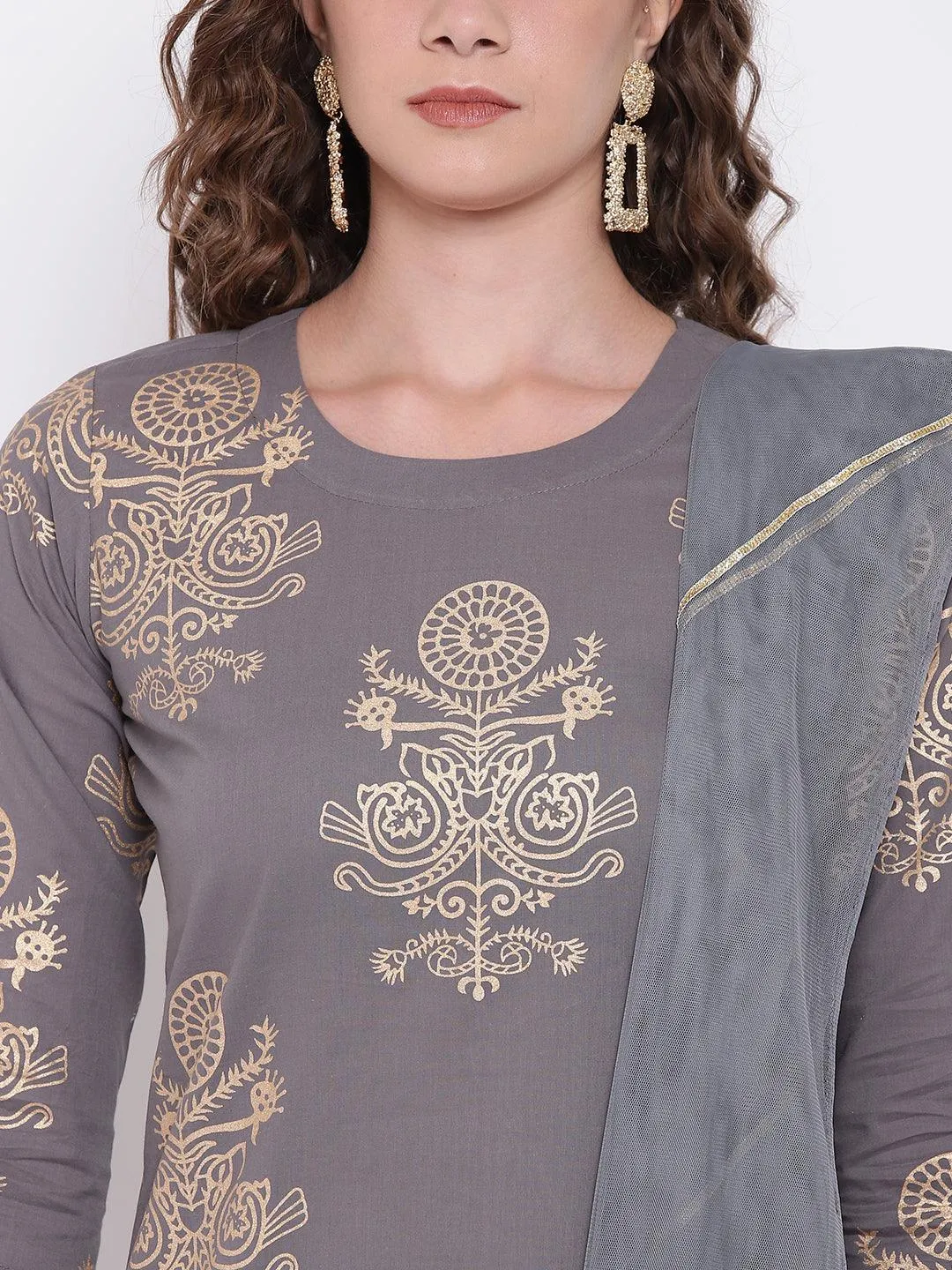 Divena Grey Foil Print Cotton Sharara Set with Net Dupatta