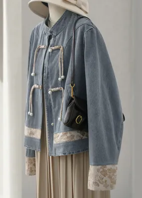 New Blue Stand Collar Button Patchwork Denim Coats Long Sleeve QA1090