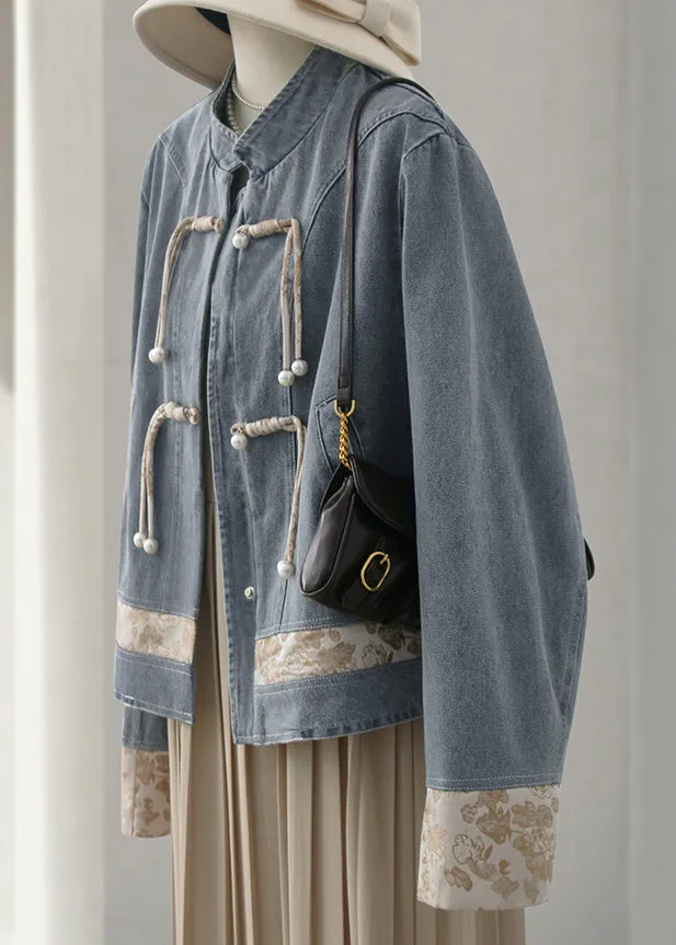 New Blue Stand Collar Button Patchwork Denim Coats Long Sleeve QA1090
