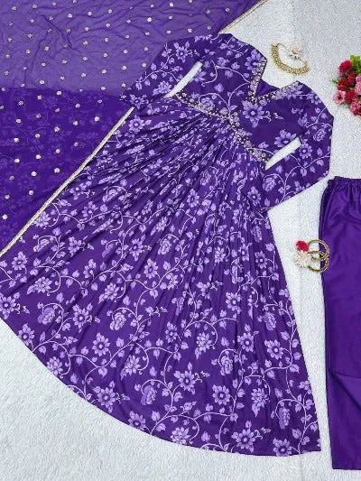 Purple Muslin Alia Cut Digital Print Salwar Suit Set