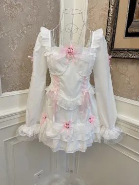 Sweetheart Princess Rose White Trumpet Sleeve Shirt & Mini Skirt Two Piece Set