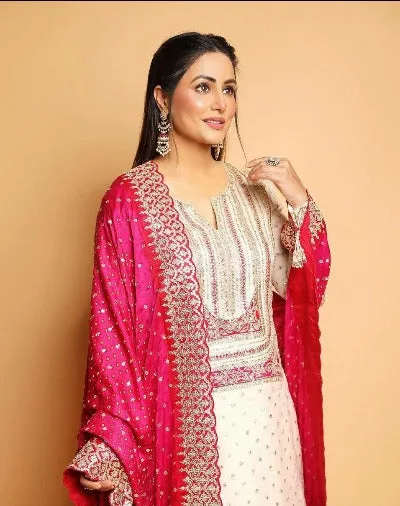 White Georgette Heavy Embroidered Salwar Suit With Red Dupatta